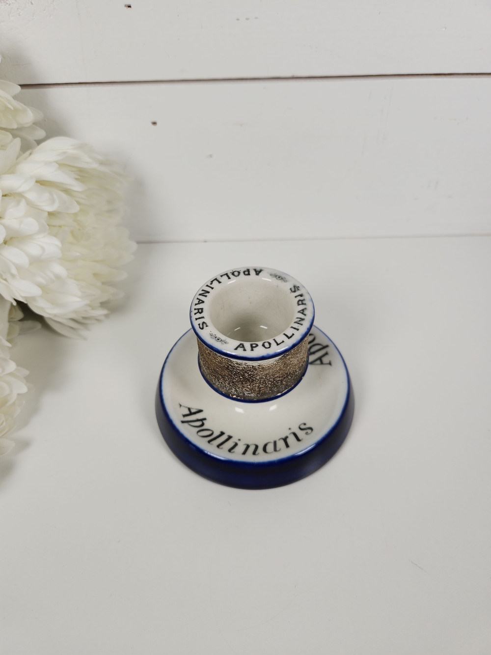 Antique Apollinaris Advertising Match Striker and Holder | Blue & White Ceramic